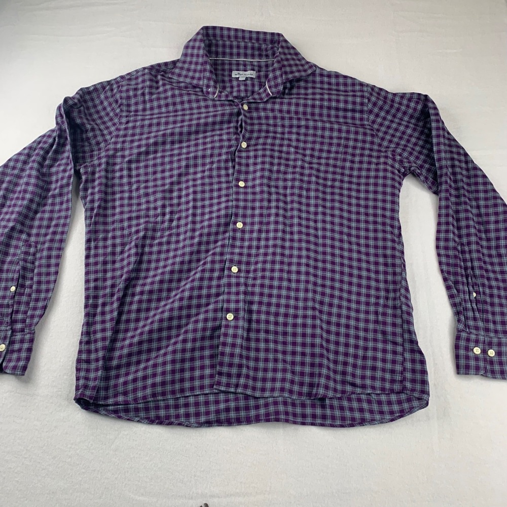 Peter Millar Button Down Shirt Mens L Purple Plaid Long Sleeve Spread Collar